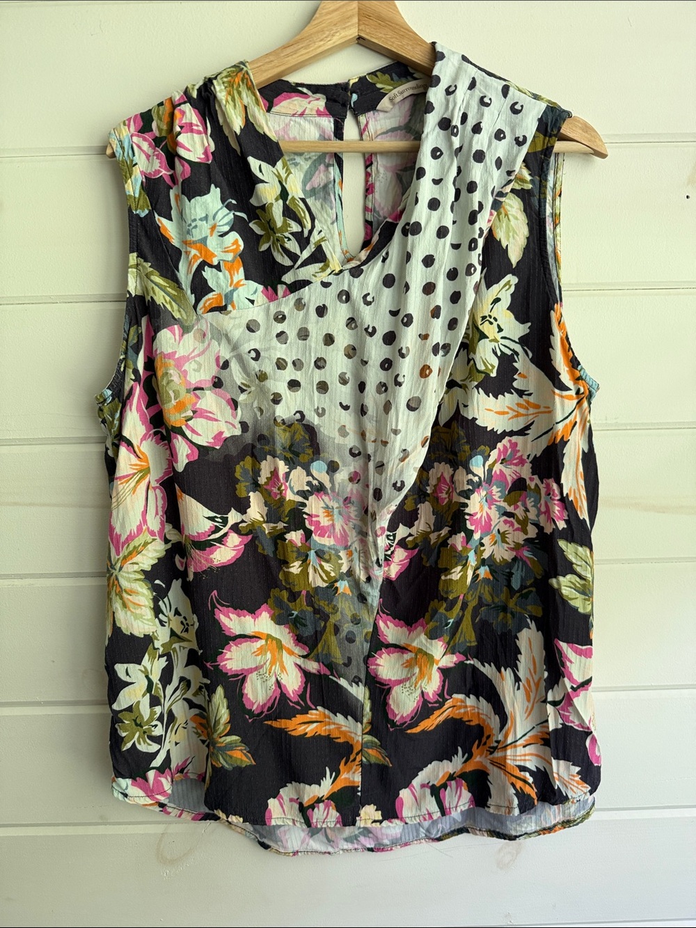 Soft Surroundings Black Floral and Polka Dot Sleeveless Blouse